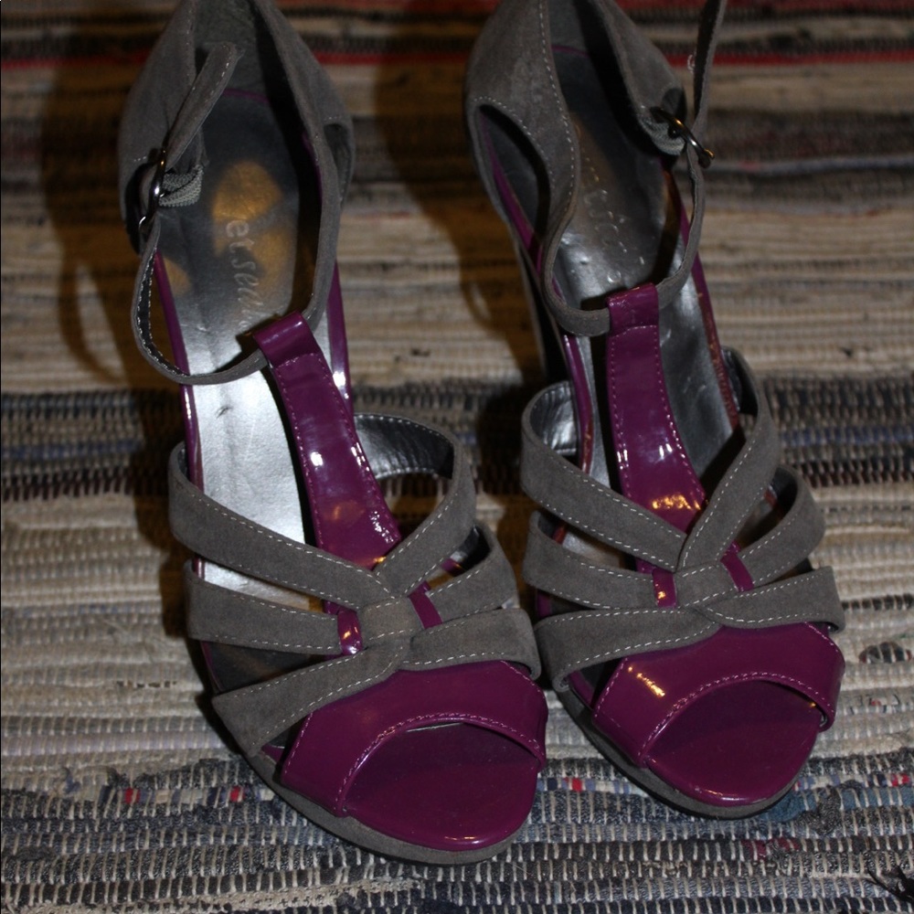 Purple and Grey T Strap Heels